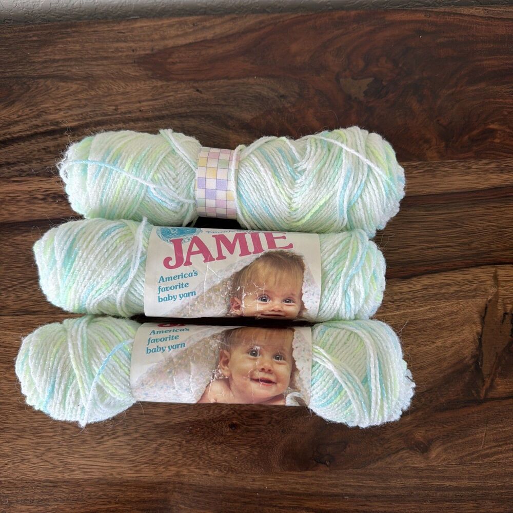 Lion Brand Jamie Pompadour Baby Yarn Lot 3 Mint  Print Vtg 242